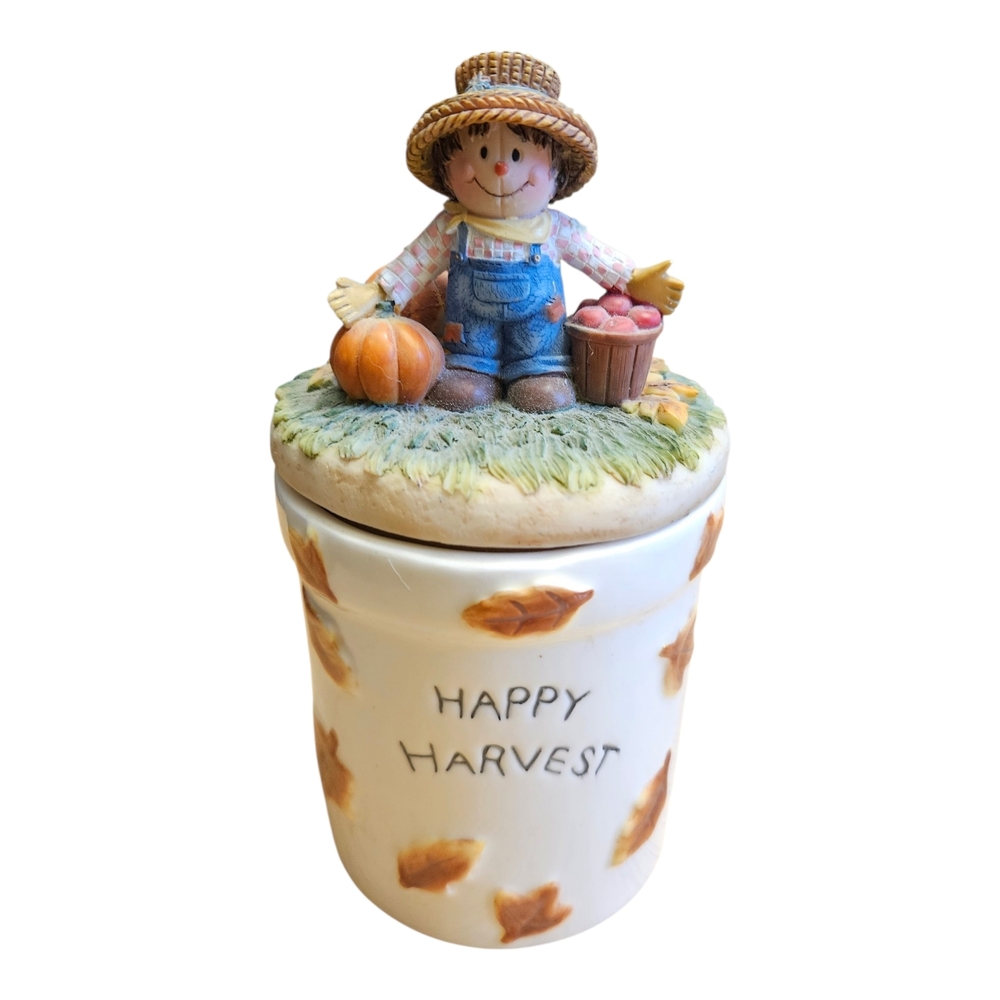 Vintage Avon Fall Pumpkin Scarecrow Ceramic Jar Decor 6.5in